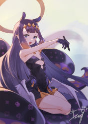 Rule 34 | 1girl, :d, animal ears, black dress, black gloves, blue eyes, blunt bangs, blurry, commentary request, depth of field, dress, feathered wings, flat chest, gloves, halo, headpiece, highres, holding, holding stylus, hololive, hololive english, long hair, looking at viewer, low wings, monster girl, ninomae ina&#039;nis, ninomae ina&#039;nis (1st costume), open mouth, outstretched arm, pointy ears, print dress, purple hair, short dress, sidelocks, signature, smile, solo, strapless, strapless dress, stylus, tentacle hair, tentacles, tugo, very long hair, virtual youtuber, white background, white wings, wings