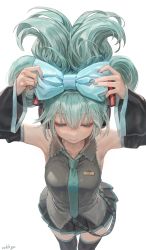 Rule 34 | 1girl, absurdres, arms up, black shirt, black skirt, black thighhighs, blue bow, blue eyes, blue hair, blue nails, bow, cinnamiku, closed mouth, collared shirt, detached sleeves, folded twintails, from above, hair bow, hair up, hatsune miku, highres, long sleeves, nail polish, non porn, oohhya, pleated skirt, shirt, signature, simple background, skirt, sleeveless, sleeveless shirt, solo, thighhighs, updo, vocaloid, white background