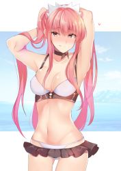 Rule 34 | 1girl, armpits, arms up, ashino, bikini, black choker, blue sky, blunt bangs, blush, breasts, choker, closed mouth, commentary request, cowboy shot, day, fate/grand order, fate (series), frills, heart, linea alba, long hair, medb (fate), medb (swimsuit saber) (fate), medb (swimsuit saber) (second ascension) (fate), medium breasts, navel, ocean, outside border, pink hair, sidelocks, skindentation, sky, solo, standing, stomach, swimsuit, tiara, tongue, tongue out, twintails, very long hair, white bikini, yellow eyes