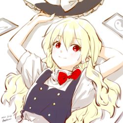 Rule 34 | 100th black market, 1girl, black vest, blonde hair, bow, buttons, hat, hat bow, highres, kageharu, kirisame marisa, long hair, lying, multicolored buttons, puffy short sleeves, puffy sleeves, red bow, red eyes, shirt, short sleeves, touhou, vest, white shirt, witch hat