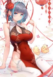 Rule 34 | 1girl, absurdres, alternate costume, aqua eyes, armpit crease, azur lane, bare arms, bare shoulders, bird, breasts, cheshire (azur lane), chick, china dress, chinese clothes, cleavage, cleavage cutout, clothing cutout, covered navel, dress, flower, garter straps, gold trim, grey hair, hair flower, hair ornament, hand up, headdress, highres, large breasts, looking at viewer, manjuu (azur lane), multicolored hair, no panties, pelvic curtain, red dress, short hair, showerz, sitting, skindentation, sleeveless, sleeveless dress, smile, solo, streaked hair, thighhighs, thighs, wariza, white thighhighs