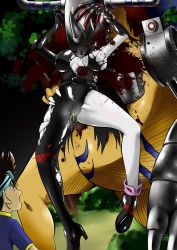 Rule 34 | 0 0, 1boy, 1girl, asymmetrical clothes, asymmetrical footwear, belt, blood, bodysuit, breasts, claws, colored skin, defeat, digimon, dying, goggles, grey skin, hand on own hip, kamiya taichi, lactation, ladydevimon, large breasts, long hair, metalgreymon, nail polish, nails, nipples, pee, peeing, peeing self, red eyes, red nails, ryona, scared, torn clothes, uneven footwear, yagami taichi