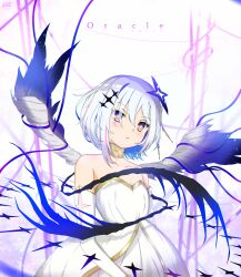 +_+ 1girl absurdres amane_kanata angel_wings asymmetrical_bangs bare_shoulders black_wings blue_hair blue_halo blue_wings blush bob_cut breasts bubble_skirt character_name colored_inner_hair commentary copyright_name cowboy_shot dress elbow_gloves endykamome english_commentary fallen_angel feathered_wings front_slit gloves gradient_wings grey_hair hair_over_one_eye halo highres hololive jewelry multicolored_hair multicolored_wings multiple_wings neck_ring official_alternate_costume oracle_(amane_kanata) pink_hair purple_eyes ribbon short_hair skirt skirt_under_dress small_breasts star_halo strapless strapless_dress streaked_hair virtual_youtuber white_dress white_gloves wings