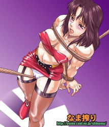 Rule 34 | 1girl, arms behind back, streets of rage, bdsm, belt, blaze fielding, blush, bondage, boots, bound, brown eyes, brown hair, crotch rope, covered erect nipples, mole, open mouth, rope, saliva, sega, shinama, thighhighs