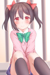 Rule 34 | 10s, 1girl, black socks, blue skirt, blurry, blurry background, blush, bow, brown hair, cardigan, closed mouth, collared shirt, commentary request, depth of field, diagonal stripes, dress shirt, green bow, hair between eyes, hair bow, highres, hitotsuki no yagi, kneehighs, long sleeves, love live!, love live! school idol project, otonokizaka school uniform, pink cardigan, plaid, plaid skirt, pleated skirt, red bow, red eyes, school uniform, shirt, skirt, sleeves past wrists, smile, socks, solo, striped, striped bow, thighhighs, twintails, white shirt, yazawa nico