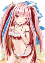 Rule 34 | 1girl, absurdres, ahoge, antenna hair, arm strap, azur lane, bikini, braid, braided bangs, breasts, frilled bikini, frills, highres, huge ahoge, long hair, one eye closed, red bikini, red eyes, red hair, sand, small breasts, solo, swimsuit, thigh strap, tongue, tongue out, two side up, umidemi, vauquelin (azur lane), vauquelin (innocent summer knight) (azur lane), very long hair