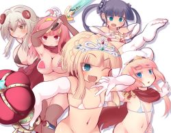 Rule 34 | 5girls, ahoge, atlus, benerokku, bikini, black bikini, black gloves, black legwear, blonde hair, blue eyes, breasts, cape, closed mouth, elbow gloves, etrian odyssey, fang, fingerless gloves, flat chest, gloves, green eyes, grey hair, hat, hero (sekaiju), holding, holding staff, holding sword, holding weapon, large breasts, long hair, medium breasts, micro bikini, monk (sekaiju), multiple girls, navel, one eye closed, open mouth, outstretched arms, pink hair, princess (sekaiju), red bikini, red cape, red eyes, sega, sekaiju no meikyuu, sekaiju no meikyuu x, short hair, simple background, smile, spread arms, staff, swimsuit, sword, tiara, twintails, v, weapon, white background, white gloves, white legwear, yellow eyes