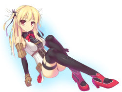 Rule 34 | 1girl, alisa reinford, ass, black thighhighs, blonde hair, breasts, brown gloves, detached sleeves, eiyuu densetsu, falcom, female focus, full body, gloves, highres, looking at viewer, md5 mismatch, ochinsama, red eyes, resolution mismatch, sen no kiseki, sen no kiseki ii, sitting, smile, solo, source smaller, thigh strap, thighhighs, two side up