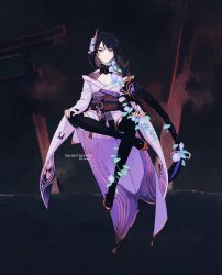 Rule 34 | 1girl, armor, braid, breasts, bridal gauntlets, cleavage, coattails, commentary, crossed legs, floating, floral print, flower, full body, genshin impact, hair ornament, highres, japanese clothes, kimono, large breasts, long hair, long sleeves, looking at viewer, mitsudomoe (shape), mole, mole under eye, nail polish, nears, obi, obiage, obijime, plant, purple eyes, purple flower, purple hair, purple nails, raiden shogun, ribbon, sash, shoulder armor, sitting, solo, symbol-only commentary, tassel, thighhighs, tomoe (symbol), torii, twintails, very long hair, vines, wide sleeves