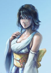 Rule 34 | 1girl, blue eyes, breasts, brown hair, closed mouth, detached sleeves, final fantasy, final fantasy x, green eyes, hair ornament, heterochromia, highres, japanese clothes, looking at viewer, mao san, short hair, simple background, solo, yuna (ff10)