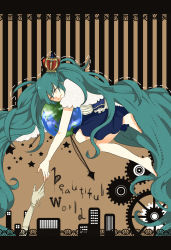 Rule 34 | 1girl, absurdres, bad id, bad pixiv id, barefoot, closed eyes, crown, gears, globe, green hair, hatsune miku, highres, letterboxed, long hair, reaching, solo focus, striped, striped background, twintails, very long hair, vocaloid, wataame (green tea), wataame (misaki525)