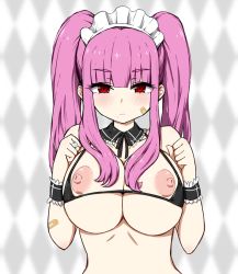 Rule 34 | 1girl, bandaid, bandaid on face, bikini, black bikini, blonde hair, blunt bangs, blush, breasts, cleavage, clenched hands, jewelry, kyanpero, long hair, looking at viewer, maid headdress, micro bikini, mole, mole under mouth, nipples, original, purple hair, red eyes, ring, solo, swimsuit, twintails