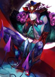 Rule 34 | 1boy, blue eyes, blue lips, boots, curly hair, demon tail, fate/grand order, fate (series), grin, hat, highres, lipstick, looking at viewer, makeup, male focus, mephistopheles (fate), multiple tails, muscular, prairie-wolf, purple hair, scissors, smile, solo, tail, weapon
