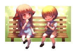 Rule 34 | 1boy, 1girl, :3, :d, :p, animal ears, arm support, bench, blonde hair, blush, brown eyes, brown hair, chibi, child, dress, food, happy, ice cream, ice cream cone, loafers, necktie, nishizawa, open mouth, original, red eyes, shoes, short sleeves, shorts, sitting, smile, socks, tears, tongue, tongue out, vest