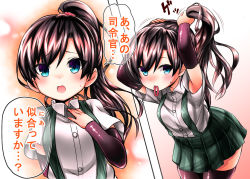 Rule 34 | 10s, 1girl, adjusting hair, alternate hairstyle, arm warmers, armpit peek, asashio (kancolle), bad id, bad pixiv id, black hair, black thighhighs, blue eyes, blush, comb, dress shirt, hair tie, kantai collection, long hair, mouth hold, open mouth, pleated skirt, ponytail, richou (zerozero1101), school uniform, shirt, skirt, smile, solo, suspenders, thighhighs