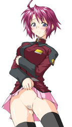 Rule 34 | 00s, 1girl, ahoge, blush, breast press, breasts, clothes lift, female pubic hair, grey eyes, gundam, gundam seed, gundam seed destiny, large breasts, lifting own clothes, long sleeves, lunamaria hawke, no panties, pink hair, pubic hair, pussy juice, shirt, short hair, simple background, skirt, skirt lift, solo, standing, sweat, thighhighs, uncensored