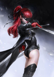 Rule 34 | 1girl, ass, black jacket, black leotard, black thighhighs, chain belt, coattails, commentary, cropped jacket, english commentary, female focus, frilled sleeves, frills, gloves, hair ribbon, highres, holding, holding sword, holding weapon, jacket, leotard, looking at viewer, mask, matching hair/eyes, persona, persona 5, persona 5 the royal, pointing sword, pointing weapon, ponytail, red eyes, red gloves, red hair, ribbon, solo, sword, thedurianart, thighhighs, weapon, yoshizawa kasumi