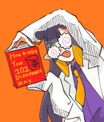 Rule 34 | 1girl, book, center-flap bangs, food, glasses, gradient hair, highres, holding, holding book, hololive, hololive english, jacket, kamaboko, lab coat, long hair, long sleeves, looking at viewer, multicolored hair, narutomaki, ninomae ina&#039;nis, opaque glasses, open mouth, orange background, orange hair, pointy ears, purple hair, purple shirt, shirt, simple background, single tooth, sleeves past fingers, sleeves past wrists, solo, tentacle hair, virtual youtuber, wa7aru, white jacket
