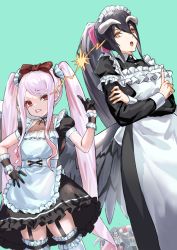Rule 34 | 1boy, 2girls, ainz ooal gown, albedo (overlord), alternate costume, apron, black dress, blush, bow, breasts, clenched teeth, collared dress, crossed arms, dress, enmaided, frills, garter straps, hair bow, hair ornament, hand up, highres, index finger raised, large breasts, long hair, looking at another, maid, maid apron, maid headdress, multiple girls, open mouth, overlord (maruyama), red bow, shalltear bloodfallen, sharp teeth, short sleeves, skull, teeth, thighhighs, tsugu0302, twintails, white thighhighs, wrist cuffs