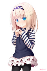 Rule 34 | 1girl, absurdres, ayakashi triangle, black camisole, black hairband, black pantyhose, blonde hair, blue eyes, camisole, closed mouth, commentary request, hairband, haryuu (poetto), highres, layered skirt, long hair, long sleeves, looking at viewer, own hands together, pantyhose, pleated skirt, shirt, simple background, skirt, sleeves past wrists, smile, snegurochka (ayatora), solo, standing, striped clothes, striped shirt, twitter username, white background, white skirt