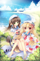 Rule 34 | 2girls, anchor, animal ears, barefoot, blonde hair, braid, brown hair, dog ears, duji amo, food, green eyes, hat, highres, innertube, long hair, multiple girls, original, popsicle, red eyes, sailor, school swimsuit, striped clothes, striped legwear, striped thighhighs, swim ring, swimsuit, swimsuit under clothes, tail, thighhighs, twin braids, twintails