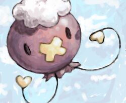 Rule 34 | balloon, black eyes, blue sky, cloud, commentary, creatures (company), day, drifloon, english commentary, floating, game freak, gen 4 pokemon, heart, nintendo, no humans, outdoors, pokemon, pokemon (creature), sailorclef, sky, solid oval eyes, solo