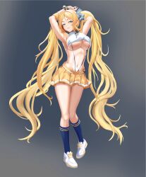 Rule 34 | 1girl, absurdres, armpits, arms up, azur lane, bare shoulders, black socks, blonde hair, breasts, cheerleader, cropped shirt, full body, green eyes, grey background, hair ribbon, highres, hornet (azur lane), hornet (cheering justice!) (azur lane), kneehighs, korean commentary, large breasts, long hair, looking at viewer, miniskirt, navel, official alternate costume, parted bangs, parted lips, pleated skirt, ribbon, rolingblade, shirt, shoes, sidelocks, simple background, skirt, sleeveless, sleeveless shirt, smile, sneakers, socks, solo, standing, stomach, suspender skirt, suspenders, twintails, underboob, very long hair, white footwear, white shirt, wristlet, yellow skirt