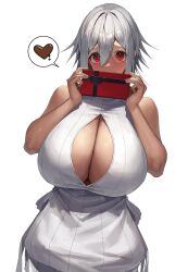 Rule 34 | 1girl, absurdres, bare arms, bare shoulders, blush, box, box of chocolates, breasts, closed mouth, commentary request, dark-skinned female, dark skin, dress, grey hair, hair between eyes, heart, highres, holding, holding box, huge breasts, looking at viewer, original, red eyes, short hair, simple background, sleeveless, smile, solo, sweater, sweater dress, valentine, white background, yamanokami eaka
