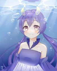 Rule 34 | 1girl, blue dress, blue hair, blush, dress, highres, keokz, light smile, looking at viewer, original, self-upload, smile, solo, twintails, underwater, water
