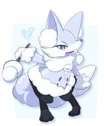 Rule 34 | 1girl, alternate color, alternate form, animal ears, animal hands, arm up, blue background, blue eyes, blush, braixen, creatures (company), fang, feet, female focus, fox ears, full body, furry, furry female, game freak, gen 6 pokemon, half-closed eyes, happy, heart, legs apart, looking at viewer, nintendo, open mouth, pokemon, pokemon (creature), pokemon xy, simple background, smile, solo, standing, tail, teeth, two-tone background, ukan muri, wand, white background