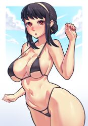 Rule 34 | 1girl, arm at side, bikini, black bikini, blue sky, blush, breasts, cleavage, clenched hands, cloud, collarbone, cowboy shot, day, dracksart, earrings, eyebrows, eyelashes, female focus, fingernails, hairband, hand up, highres, jewelry, large breasts, legs, looking at viewer, nail polish, navel, nose blush, open mouth, red eyes, red nails, short hair, short hair with long locks, sky, solo, spy x family, standing, swimsuit, thick thighs, thighs, thong bikini, toned, white hairband, wide hips, yor briar