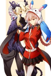 Rule 34 | 2girls, armor, armored dress, artoria pendragon (fate), artoria pendragon (lancer alter) (fate), blonde hair, blush, braid, breasts, fate/grand order, fate (series), florence nightingale (fate), fou (fate), gloves, large breasts, long hair, military, military uniform, multiple girls, navel, oiun, pantyhose, pink hair, red eyes, saber (fate), saber alter, uniform, white gloves, yuri