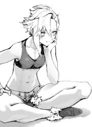 Rule 34 | 1girl, absurdres, asymmetrical hair, bra, breasts, female focus, greyscale, hair between eyes, highres, midriff, monochrome, navel, original, reiga (act000), short hair, short shorts, shorts, simple background, sitting, small breasts, solo, underwear, white background