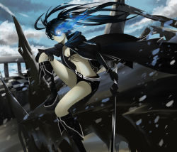 Rule 34 | 10s, 1girl, absurdres, black footwear, black hair, black rock shooter, black rock shooter (character), boots, breasts, cape, front-tie top, gloves, glowing, glowing eye, highres, knee boots, long hair, platform boots, platform footwear, sg dorusatobou, small breasts, solo, sword, twintails, weapon