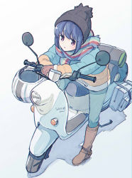 Rule 34 | 1girl, bag, beanie, blue hair, boots, commentary request, gloves, hat, helmet, highres, jacket, leaning against motorcycle, looking at viewer, motor vehicle, motorcycle, multicolored clothes, multicolored jacket, multicolored scarf, pants, purple eyes, sakino shingetsu, scarf, scooter, shadow, shima rin, simple background, solo, striped clothes, striped scarf, unworn headwear, unworn helmet, winter clothes, yurucamp