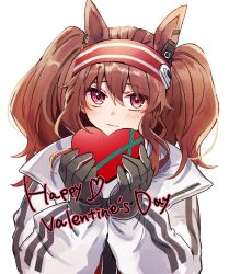 Rule 34 | 1girl, angelina (arknights), animal ears, arknights, black gloves, blush, brown hair, candy, chocolate, chocolate heart, food, fox ears, gift, gloves, hairband, happy valentine, heart, highres, holding, jacket, kyouna, long hair, long sleeves, looking at viewer, red eyes, red hairband, shirt, simple background, solo, twintails, white background
