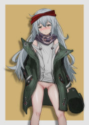 Rule 34 | 1girl, absurdres, aegisfate, bare shoulders, blush, bottomless, breasts, brown eyes, closed mouth, coat, colored eyelashes, embarrassed, g11 (girls&#039; frontline), girls&#039; frontline, green coat, hat, unworn hat, headband, unworn headwear, highres, holding, holding hat, jacket, legs apart, long hair, long sleeves, no panties, open clothes, open coat, open jacket, purple scarf, pussy, scarf, shirt, sleeves past wrists, small breasts, solo, straight hair, very long hair, white shirt