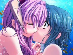 Rule 34 | 2girls, air bubble, blue hair, blush, bubble, female focus, fish, game cg, hand on another&#039;s shoulder, izumi iko, kiss, multiple girls, surprised, underwater, yuri