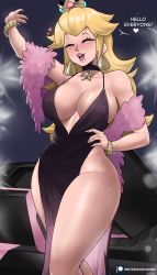 Rule 34 | 1girl, :d, ^ ^, absurdres, alternate costume, arm up, bare arms, bare shoulders, black choker, blonde hair, blush, bracelet, breasts, choker, cleavage, closed eyes, commentary, crown, earrings, echo saber, english commentary, english text, feather boa, feet out of frame, grin, groin, hand on own hip, heart, highres, jewelry, large breasts, legs, limousine, mario (series), mini crown, nintendo, open mouth, pink lips, princess peach, smile, solo, standing, star (symbol), star choker, super mario bros. 1, the super mario bros. movie, thick thighs, thighs