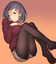 Rule 34 | 1girl, asymmetrical bangs, bad id, bad pixiv id, belt, black pantyhose, blue hair, blush, bob cut, breast suppress, breasts, brown background, brown eyes, brown sweater, closed mouth, gradient background, hands on own chest, large breasts, legs, legs up, light smile, looking at viewer, original, own hands together, pantyhose, pantyhose under shorts, ribbed sweater, short hair, short shorts, shorts, simple background, smile, solo, sweater, thighs, tsurime, yuran