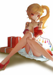 Rule 34 | 1girl, aged up, alternate breast size, alternate costume, bad id, bad pixiv id, bell, belt, blonde hair, box, breasts, christmas, cleavage, collarbone, crossed legs, detached sleeves, flandre scarlet, gift, gift box, hair bell, hair ornament, hand on own knee, head tilt, high heels, highres, long hair, long legs, midriff, nail polish, pointy ears, pupil g, red nails, red skirt, ribbon, shadow, side ponytail, sitting, skirt, slit pupils, solo, touhou, tsurime, underwear, upskirt, white background, wings