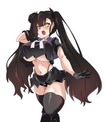 Rule 34 | 1girl, absurdres, alternate breast size, black gloves, black thighhighs, blush, breasts, brown hair, crop top, g-string, girls&#039; frontline, gloves, highres, huge breasts, lazy ant, long hair, navel, open mouth, ouroboros (girls&#039; frontline), sailor collar, sangvis ferri, skindentation, skirt, solo, thick thighs, thighhighs, thighs, thong, twintails, underboob, very long hair, yellow eyes