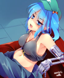 Rule 34 | 1girl, absurdres, annoyed, artist name, bionic, blue eyes, blue hair, breasts, cabbie hat, cleavage, couch, covered erect nipples, crop top, crossed legs, dated, eyebrows, gradient background, hair bobbles, hair ornament, hat, highres, jewelry, kawashiro nitori, key, key necklace, light, matching hair/eyes, mechanical arms, miton (turuyasann), navel, necklace, open mouth, prosthesis, shaded face, sideboob, single mechanical arm, sitting, solo, stomach, tank top, teeth, tongue, touhou, two side up