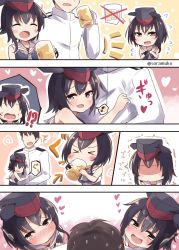 Rule 34 | !?, &gt; &lt;, 10s, 1boy, 2girls, :d, = =, admiral (kancolle), alcohol, asymmetrical hair, beer, beer mug, black hair, blush, brown eyes, clothes grab, comic, commentary, cup, drinking, drunk, closed eyes, flying sweatdrops, framed breasts, gloves, hair between eyes, hat, headphones, heart, heart-shaped pupils, highres, i-13 (kancolle), i-14 (kancolle), kantai collection, looking at viewer, military, military uniform, mug, multiple girls, musical note, naval uniform, neckerchief, open mouth, partially fingerless gloves, quaver, sailor collar, school swimsuit, short hair, siblings, single glove, sisters, sleeveless, smile, soramuko, speech bubble, spoken musical note, ^^^, sweatdrop, swimsuit, symbol-shaped pupils, thumbs up, trembling, tsurime, twitter username, uniform