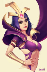 Rule 34 | 1girl, arm strap, bracer, breasts, cape, center opening, eyeshadow, forehead jewel, forehead protector, hands on own hips, high collar, league of legends, leblanc (league of legends), lipstick, long hair, makeup, medium breasts, midriff, nail polish, navel, purple hair, purple nails, runny makeup, solo, tsuaii, upper body, watermark, web address, yellow eyes