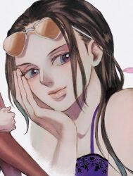 Rule 34 | 1girl, black hair, blue eyes, close-up, dress, eyewear on head, hand on own cheek, hand on own face, looking to the side, nico robin, one piece, petals, pink lips, purple dress, sidelocks, simple background, sleep humubo, smile, solo