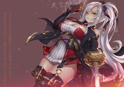 Rule 34 | 1girl, antique firearm, arm up, azur lane, bare shoulders, black cape, black footwear, black gloves, boots, bow, breasts, cape, character name, cleavage, commentary, cowboy shot, detached collar, drake (azur lane), dress, elbow gloves, firearm, fleur-de-lis, glint, gloves, gun, hair between eyes, hair bow, highres, holding, holding sword, holding weapon, large breasts, long hair, looking at viewer, mad kimo, necktie, panties, pantyshot, parted lips, red dress, red necktie, shadow, sheath, side ponytail, sidelocks, signature, silver hair, simple background, smoke, solo, standing, strapless, strapless dress, striped, striped bow, sword, thigh boots, thighhighs, translation request, trigger discipline, underwear, unsheathed, weapon, white panties, yellow eyes, zettai ryouiki