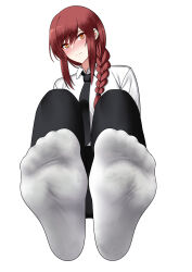 Rule 34 | 1girl, absurdres, black necktie, blush, braid, chainsaw man, closed mouth, collared shirt, commission, feet, foot focus, full body, highres, long braid, long hair, long sleeves, looking at viewer, makima (chainsaw man), necktie, no shoes, oirin, paid reward available, pixiv commission, presenting foot, red hair, ringed eyes, shirt, sidelocks, simple background, single braid, sitting, socks, soles, solo, toes, white background, white shirt, white socks, yellow eyes