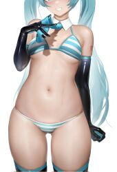 Rule 34 | 1girl, bikini, black gloves, blue eyes, blue hair, blue necktie, breasts, detached collar, elbow gloves, gloves, gluteal fold, hand up, hatsune miku, highres, holster, long hair, navel, necktie, nine (kanine41), skindentation, small breasts, smile, solo, striped bikini, striped clothes, sweatdrop, swimsuit, teeth, thigh holster, twintails, vocaloid