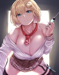 Rule 34 | 1girl, arm up, armpit crease, bad id, bad twitter id, bare shoulders, black thighhighs, blonde hair, blue eyes, breasts, brown skirt, cleavage, eyes visible through hair, hair between eyes, hair ornament, highres, holding, hololive, hololive english, large breasts, long sleeves, looking at viewer, moisture (chichi), necktie, off shoulder, open clothes, plaid, plaid skirt, red necktie, shirt, skirt, smile, solo, syringe, thigh strap, thighhighs, unbuttoned, unbuttoned shirt, virtual youtuber, watson amelia, watson amelia (1st costume), white shirt